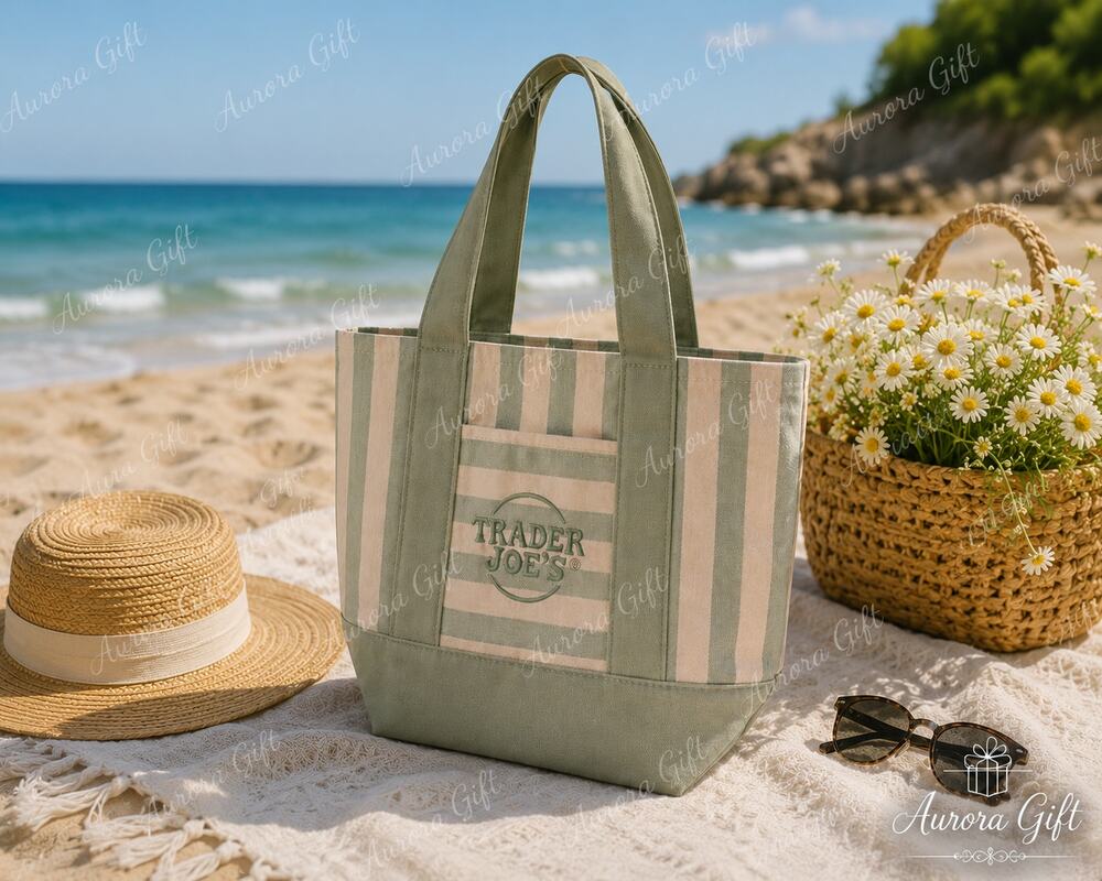 Trader Joe's Striped Mini Canvas Tote Bag Sage Green Reusable Shopper NWT
